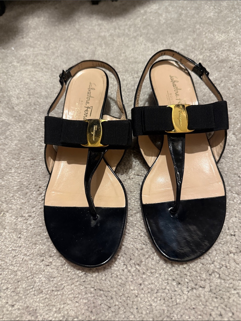 Salvatore Ferragamo Black Vara Bow Thong Sandals with Gold Accent